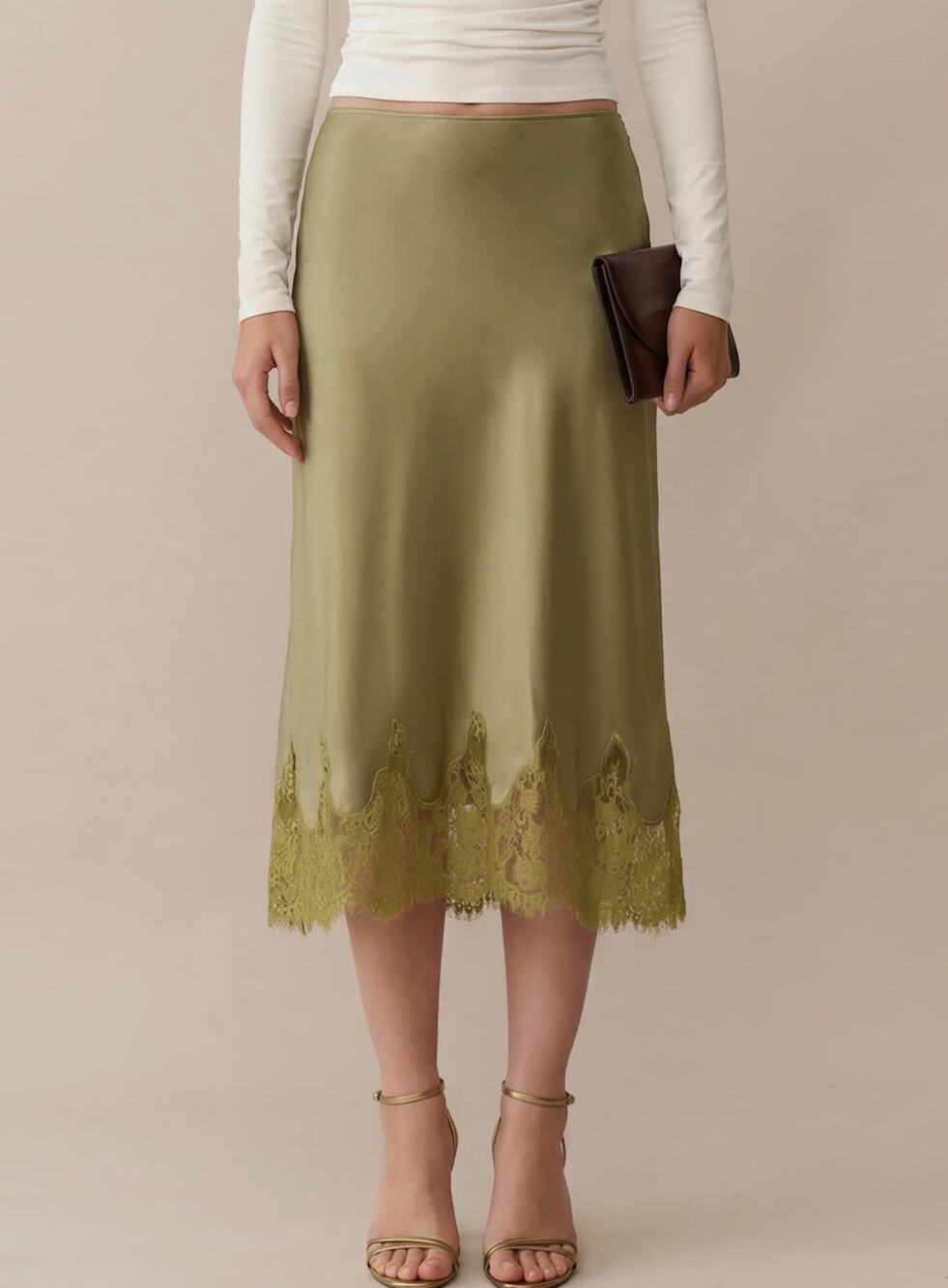 New Kourt Avery moss green satin skirt lace $172 sz S